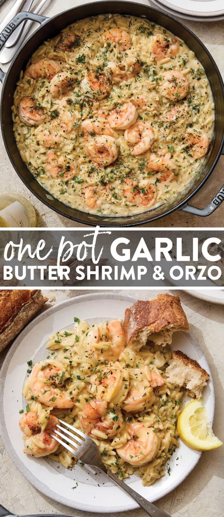 One Pot Garlic Butter Shrimp and Orzo - A cozy, quick-cooking one pot meal with juicy shrimp and the dreamiest, most velvety, creamy orzo. Made in 40 min! So easy, so so good.