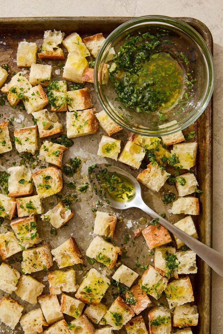 homemade croutons on baking sheet