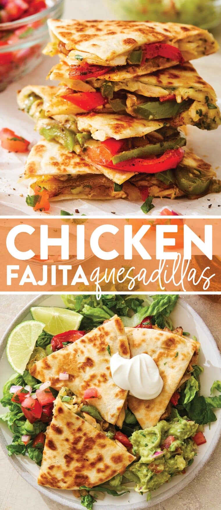 Chicken Fajita Quesadillas - A 30 minute dinner with onions and bell peppers while repurposing leftover rotisserie chicken (huge time-saver!). So quick, so easy, so good!